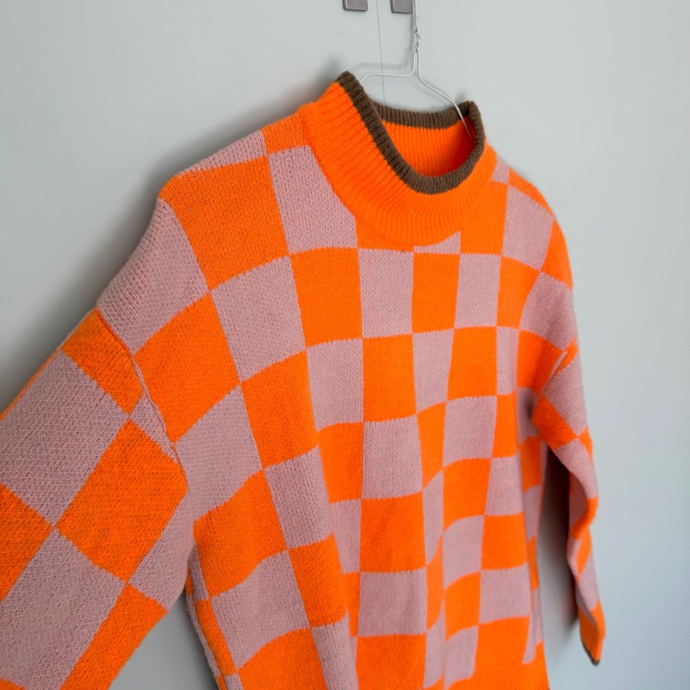 THML Women’s Neon Checkered Mockneck Sweater in Orange / Beige TMK1777 - Picture 4 of 5